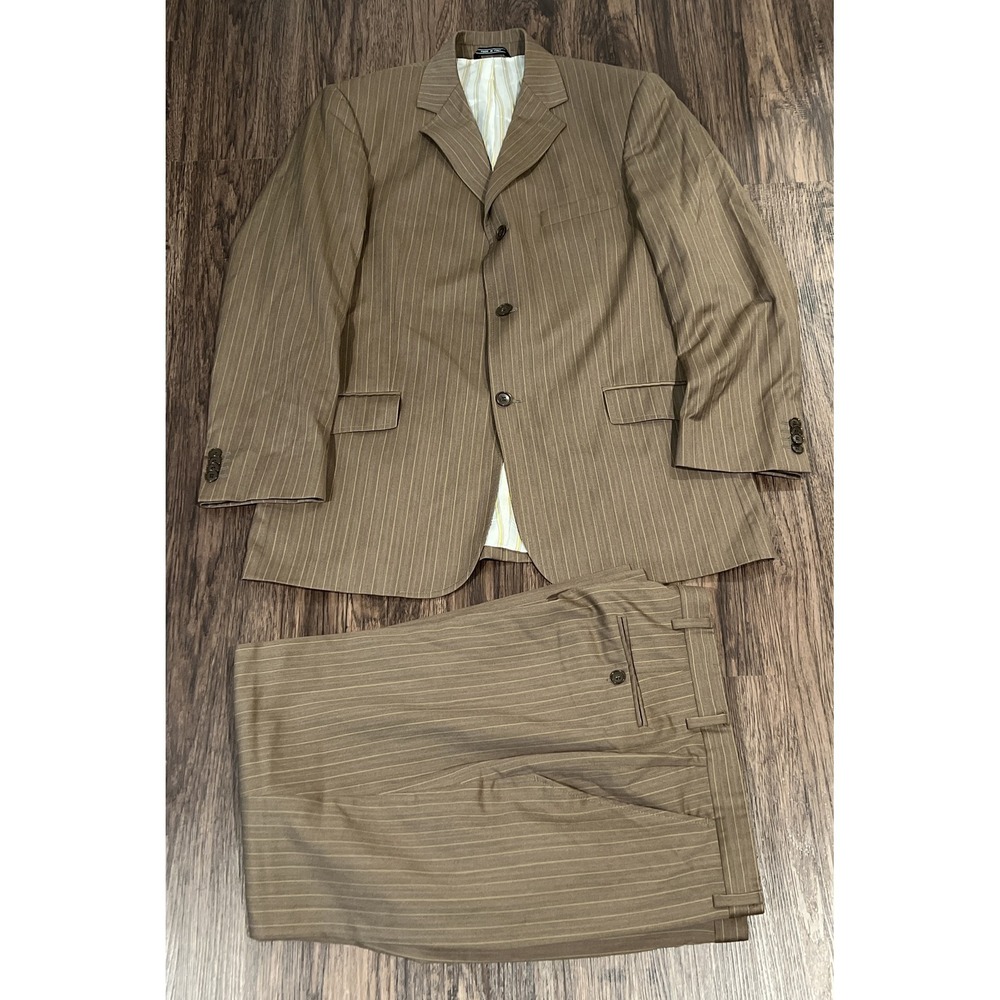 Zanetti Classic Fit Three Button Super 120's Wool Suit Pinstripe Brown Size50/30